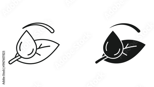 Black and white leaf icons with water droplets in a circular motion on white background