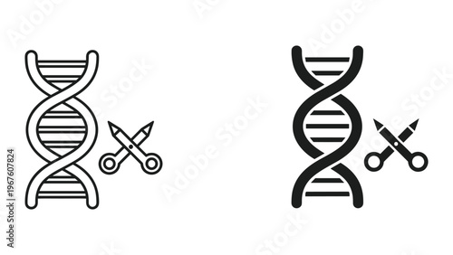 Genetic engineering concept with dna double helix and scissors icons in black and white