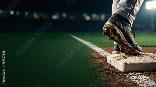 A baseball player's cleat on a base at night. The stadium lights create a dramatic, moody atmosphere on the field.