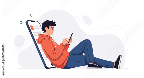 Young man relaxing, using smartphone leaning on giant phone screen, modern illustration