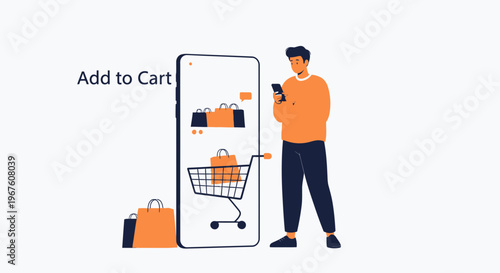Man Using Smartphone for Online Shopping, Add to Cart Concept