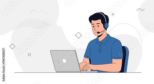 Customer service operator with headset working on laptop, online support, flat illustration
