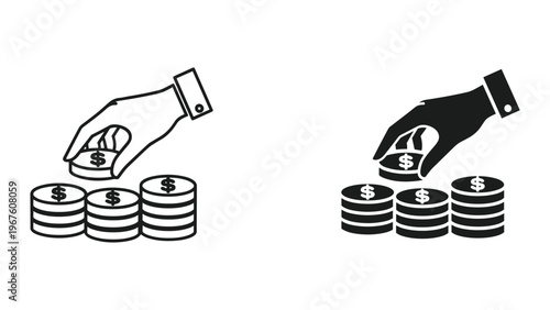Black and white icons of hands putting coins in stacks