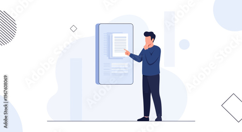 Man pointing at digital screen with document, business concept illustration