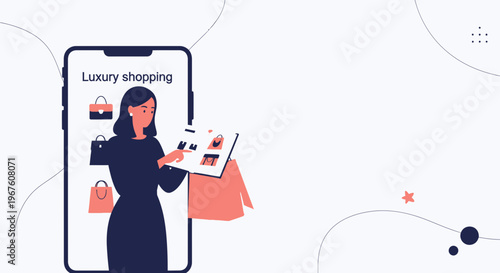 Woman shopping online for luxury handbags on smartphone app, modern e-commerce