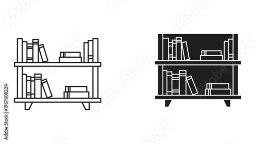 Vector illustration of two book shelves with books in line art style