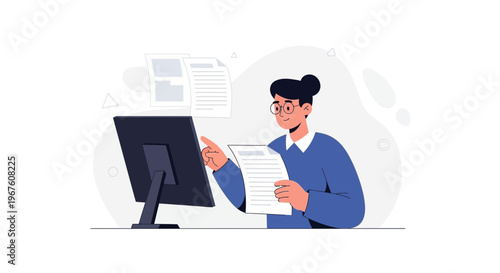 Woman working on computer with documents, online learning, remote work, digital education concept