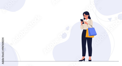 Woman with Shopping Bags Using Smartphone, Online Shopping Concept