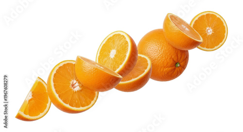 Fresh orange slices and whole orange fruit on a transparent background