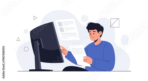 Young man working on computer and holding documents, modern office, flat design style