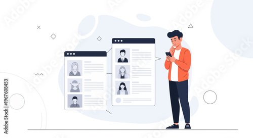 Man using smartphone to review user profiles on digital screens, online recruitment concept