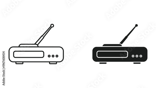 Black and white illustration of two old fashioned radios with antennas on a white background