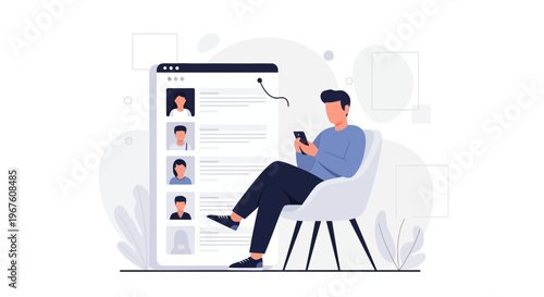 Man using smartphone near digital profile list, online recruitment concept