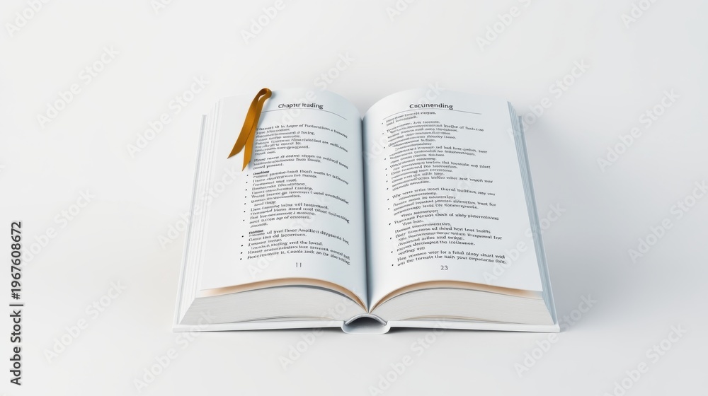 Fototapeta premium Open book displays text pages. Ribbon bookmark marks chapter reading, documenting information. Simple presentation, white background.