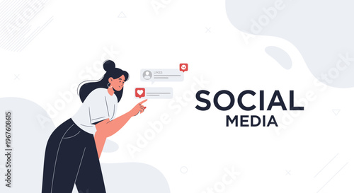 Woman Interacting with Social Media Notifications and Text Bubbles