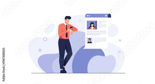 Man Using Smartphone Near Resume Profile Page with Photos and Text