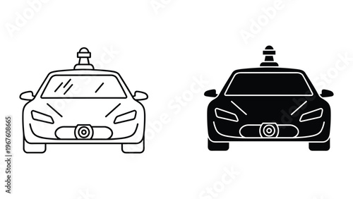 Black and white taxi car icons with lights on roof isolated on white background