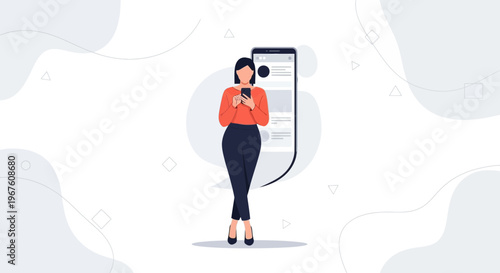 Woman Using Smartphone Next to a Mobile Interface Screen