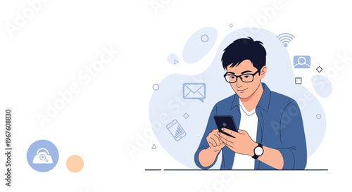 Man with glasses using smartphone, surrounded by digital icons, online communication concept