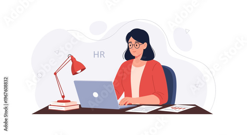 HR professional working on laptop at desk with lamp, books, and documents