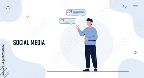 Man interacting with social media notifications, likes and checkmarks on speech bubbles