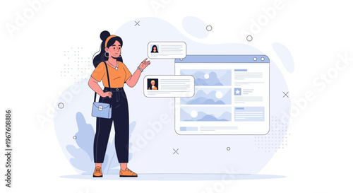 Woman interacting with online profiles and website interface, digital communication concept