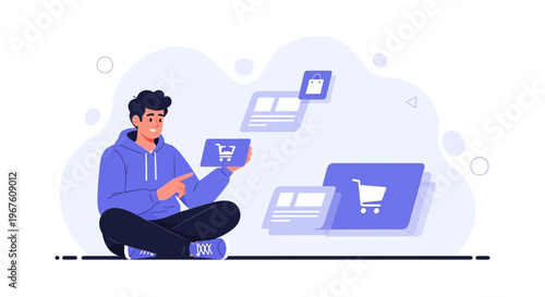 Man using tablet for online shopping, e-commerce concept, digital cart icons