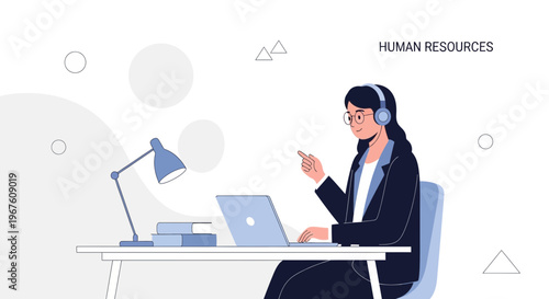 Human Resources professional working remotely on laptop with headphones, pointing and talking.