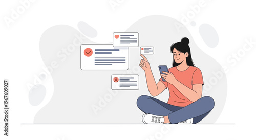 Woman Using Smartphone, Interacting with Social Media Notifications and Messages