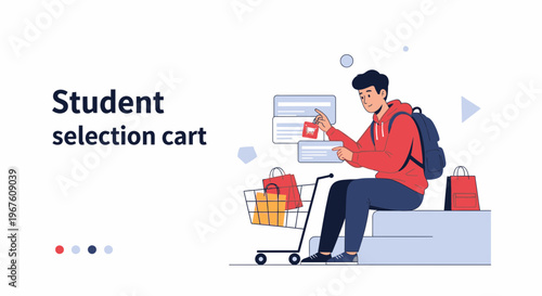 Student selecting items in a shopping cart, online shopping concept