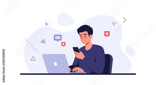Man using smartphone and laptop, notifications and messages icons, modern flat illustration