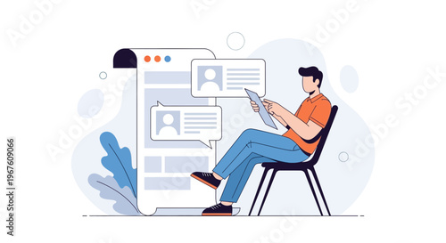 Man Reading Newspaper on Chair Near Digital Interface with Chat Bubbles