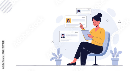 Woman reviewing resumes on tablet, hiring process, recruitment, job search, HR concept