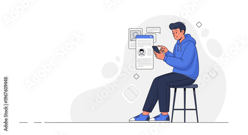 Young man using smartphone while sitting on stool, digital interface in background