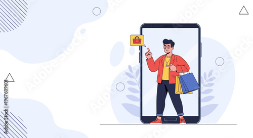 Man Shopping Online via Smartphone with Shopping Bags and Notification Icon