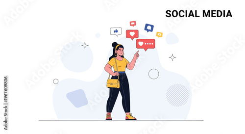 Social Media Concept: Woman Interacting with Likes, Hearts, and Comments Icons