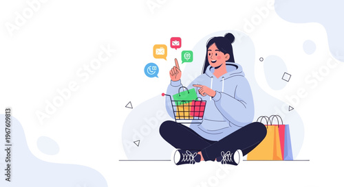 Woman with Shopping Cart and Bags, Online Shopping Concept, Social Media Icons