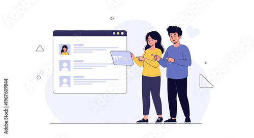 Couple reviewing online profiles on a digital screen, teamwork and job search concept
