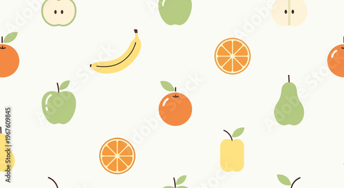 Seamless Pattern of Cute Fruits: Apples, Bananas, Oranges, Pears