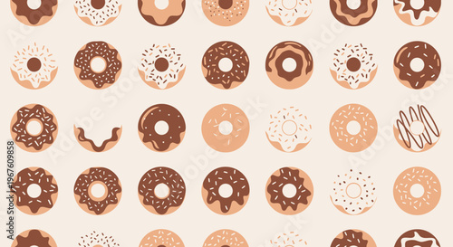 Seamless Pattern of Delicious Donuts with Chocolate and Vanilla Glaze, Top View