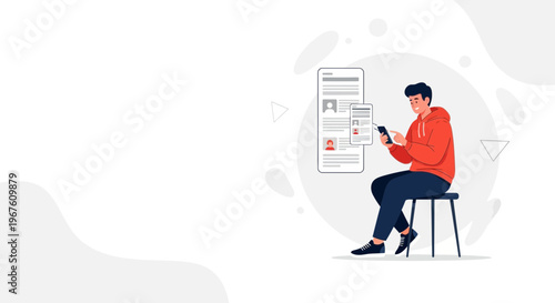 Young man using smartphone with digital profile on screen, online profile management