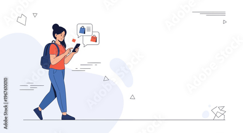 Woman with backpack using smartphone for online shopping, walking outdoors