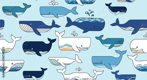 Whale Pattern: Blue Ocean Marine Mammal Illustration on Light Blue Background
