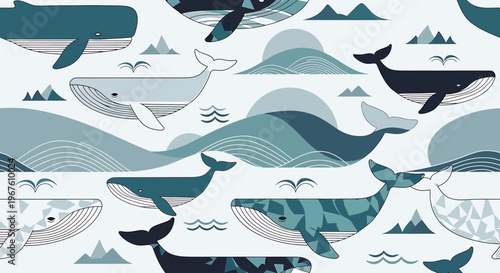 Whale Pattern: Ocean Waves, Mountains, and Birds in a Seamless Blue and Teal Design
