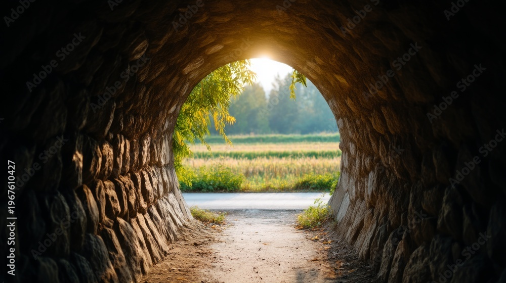 Obraz premium Light Emerging from Tunnel Opening with Stone Walls and Greenery