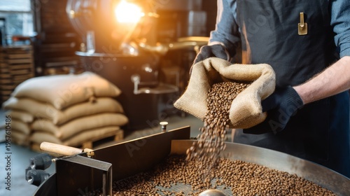 Coffee Roasting Workshop Scene with Artisan in Dark Apron