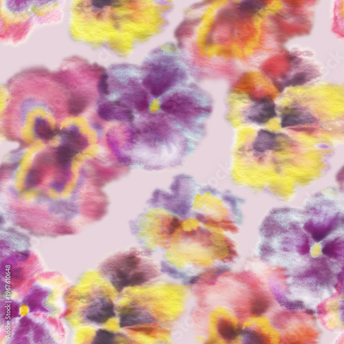 Seamless pattern with flowers pansies. Seamless floral print, hand-painted with watercolors.