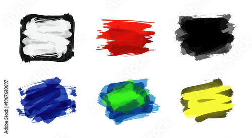 Abstract Paint Swatches: Red, Blue, Green, Yellow, Black, White Brush Strokes