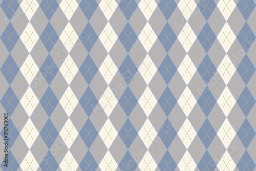 Argyle pattern with repeated blue and grey rhombus shapes for men sweater, socks or plaid. Diamond forms print. Simple geometric background. Father Day theme wallpaper. Vector illustration.