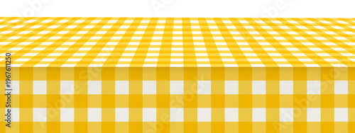 Picnic or kitchen table surface with checkered yellow and white gingham tablecloth. Perspective view. Italian cafe or restaurant interior element. Breakfast or dinner background. Vector illustration.